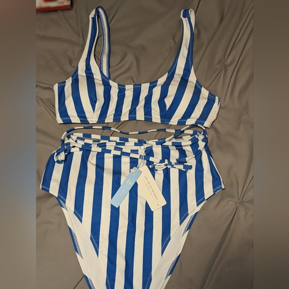 NEW with tags Cupshe Blue And White Striped High Waisted Bikini Size Large - Picture 6 of 7